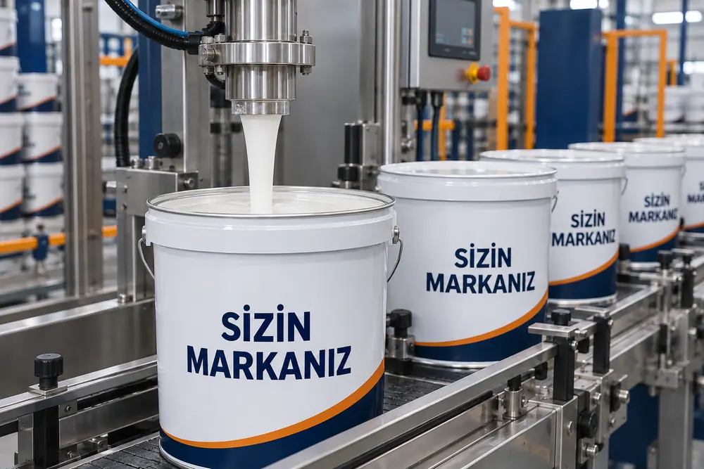SİZİN MARKANIZ etiketli kovaların otomatik dolumu; temsili üretim görseli